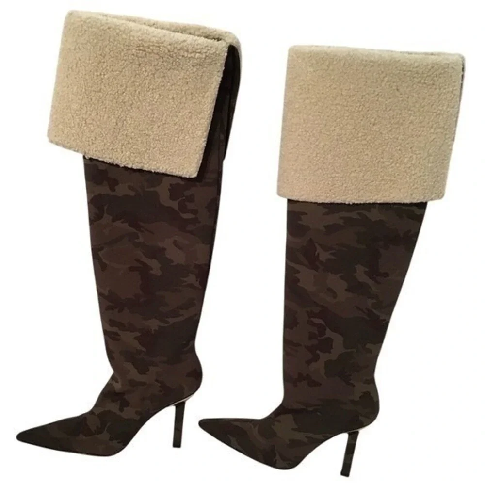 GOOD AMERICAN Camo Shearling‎ Lined Knee High Stiletto Boots Size 6.5